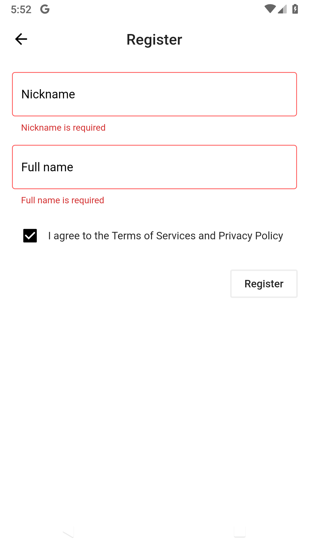 registration form with errors