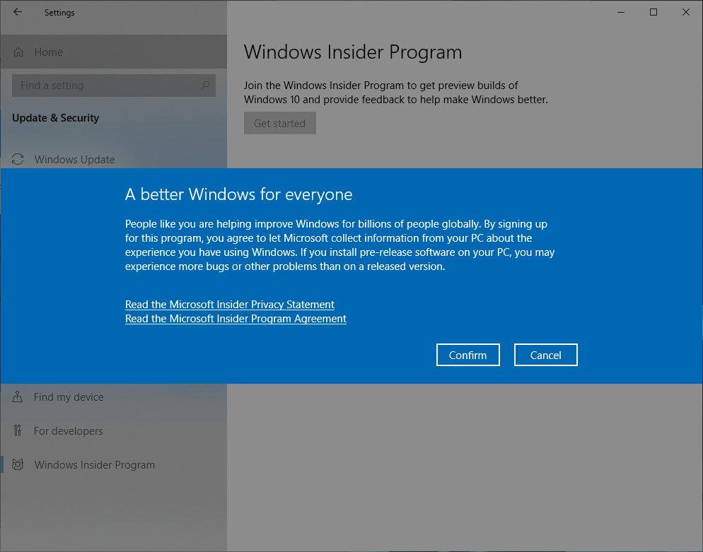 Windows Insider Setup -- Confirmation